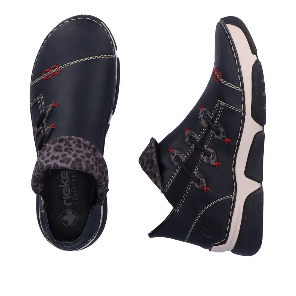 Rieker 45983-00 women's black side zip ankle boots with leopard print collar, lace-up front, and rugged sole for casual wear.