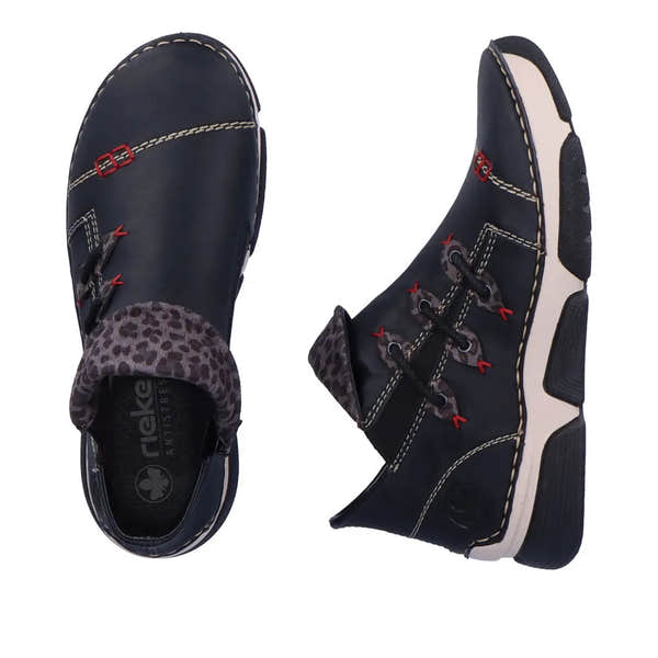 Rieker 45983-00 women's black side zip ankle boots with leopard print collar, lace-up front, and rugged sole for casual wear.