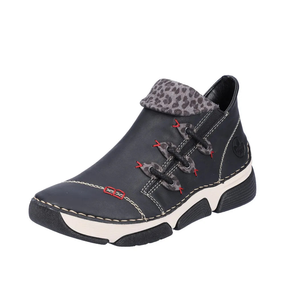 Rieker 45983-00 women's black ankle boots with side zip, leopard-print collar, chunky sole, and detailed stitching.
