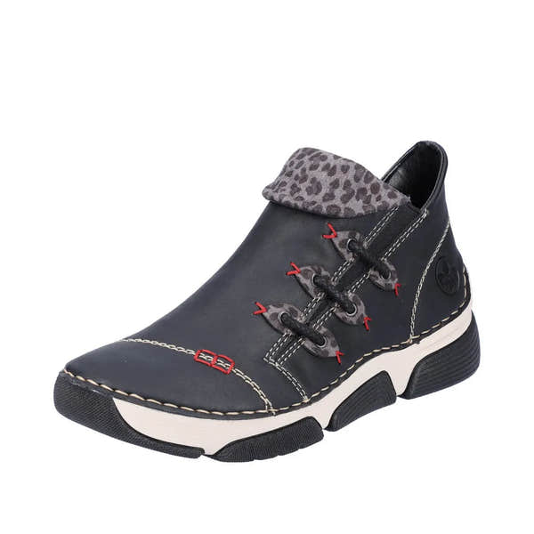 Rieker 45983-00 women's black ankle boots with side zip, leopard-print collar, chunky sole, and detailed stitching.