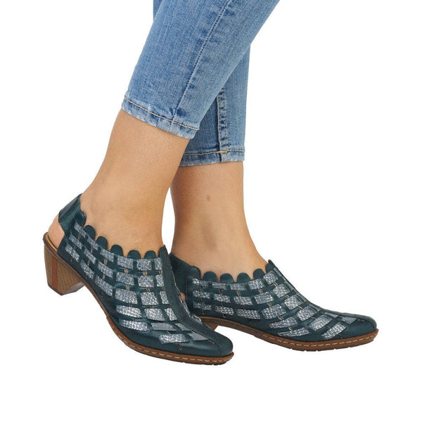 Rieker 46778-10 Ladies Blue & Silver Leather Slip On Sandals-elevate your sole