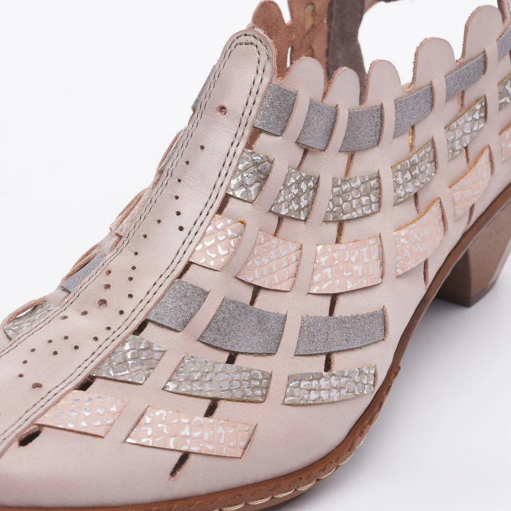 Rieker 46778-64 Ladies Taupe Metallic Leather & Textile Pull On Heels-elevate your sole