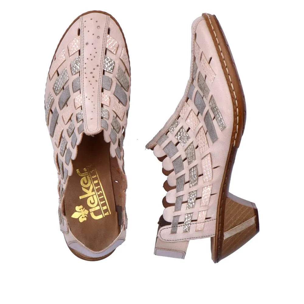 Rieker 46778-64 Ladies Taupe Metallic Leather & Textile Pull On Heels-elevate your sole