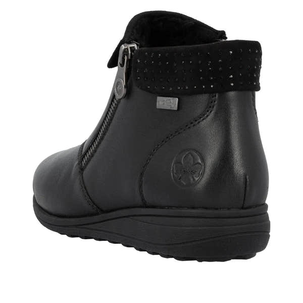 Rieker 47252-00 Women's black leather water-resistant ankle boots with twin zip closures and studded collar detail.