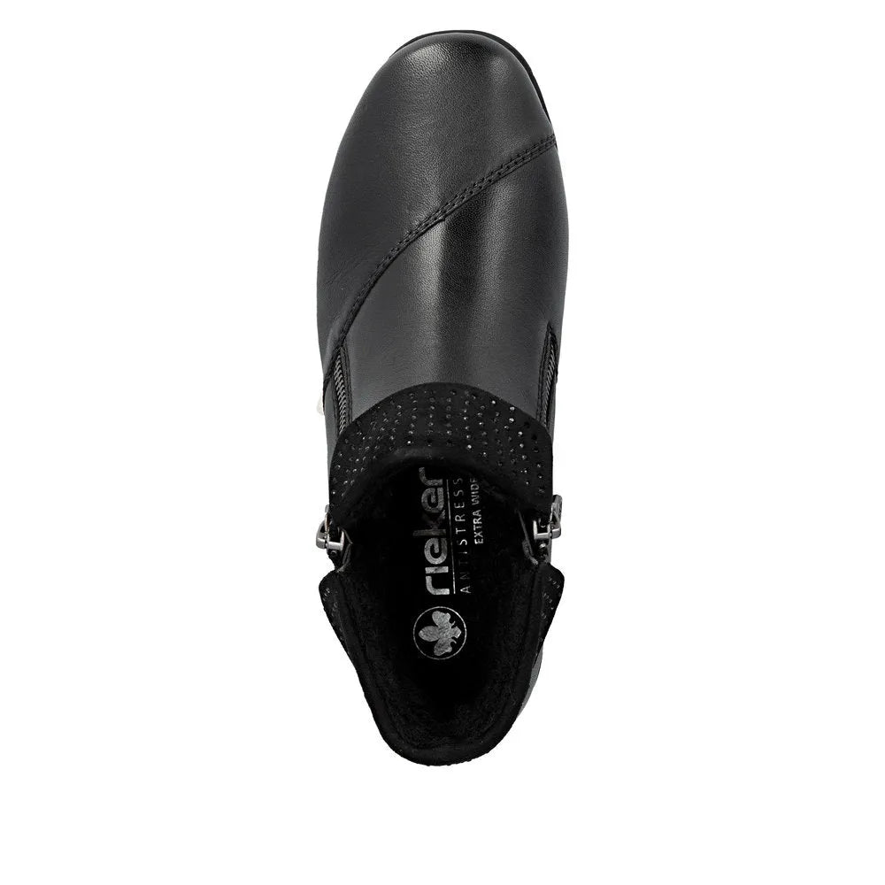 Rieker 47252-00 Women's black leather water-resistant twin zip ankle boots, stylish and functional footwear.