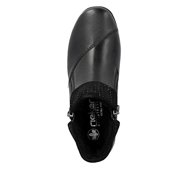 Rieker 47252-00 Women's black leather water-resistant twin zip ankle boots, stylish and functional footwear.