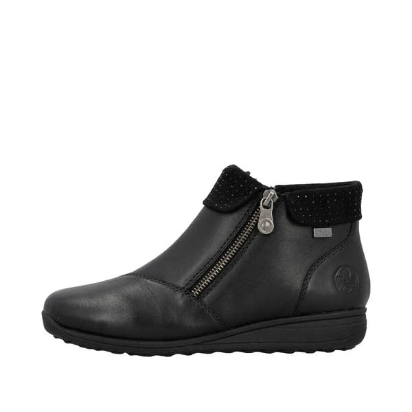 Rieker 47252-00 women's black leather water-resistant ankle boots with twin zips and loop detail.
