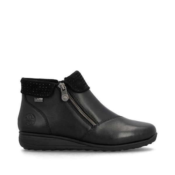 Rieker 47252-00 women's black leather water-resistant ankle boots with twin zippers and a textured collar.