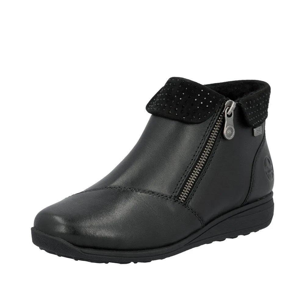 Rieker 47252-00 women's black leather water-resistant ankle boots with twin side zippers and decorative studded collar.