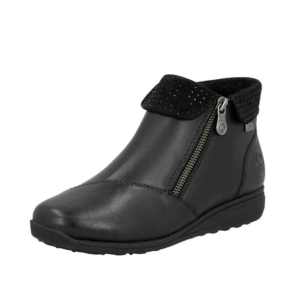 Rieker 47252-00 women's black leather water-resistant ankle boots with twin side zippers and decorative studded collar.