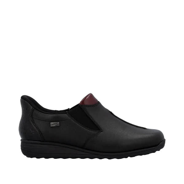 Rieker 47253-00 Ladies black leather slip-on water-resistant ankle boots with cushioned sole.