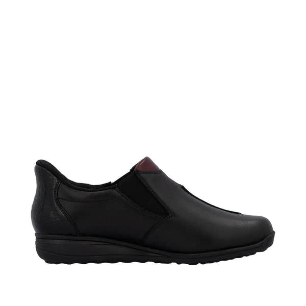 Rieker 47253-00 women's black leather slip-on water-resistant ankle boots with cushioned sole and sleek design.