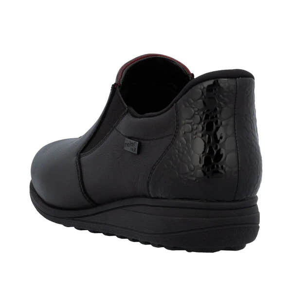 Rieker 47253-00 Ready2Go women's black leather slip-on waterproof ankle boots with textured heel detail.