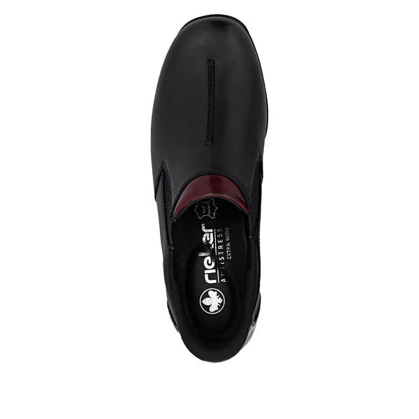 Rieker 47253-00 women's black leather water-resistant slip-on shoe boots with red accents and comfortable design.