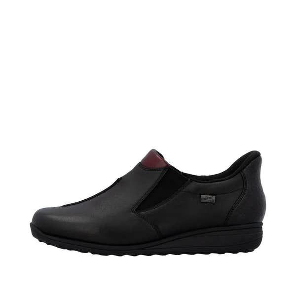 Rieker 47253-00 Ready2Go women's black leather slip-on water-resistant ankle boots with cushioned sole.