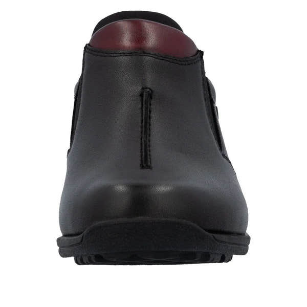 Rieker 47253-00 Ready2Go women's black leather water-resistant slip-on ankle boots with burgundy accents.