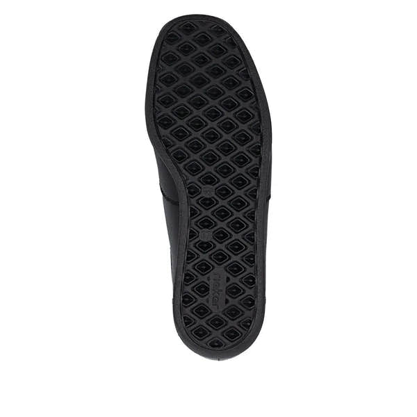 Rieker 47253-00 Ready2Go Women's Black Leather Water-Resistant Slip-On Shoe Boots with rubber outsole.