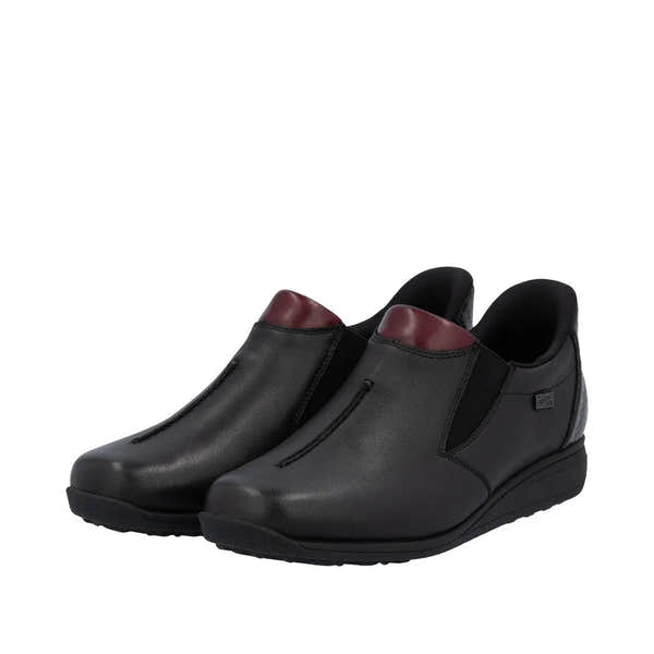 Rieker 47253-00 Water-Resistant Black Leather Slip-On Ladies Shoes with Burgundy Accents and Cushioned Comfort