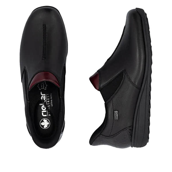 Rieker 47253-00 Ladies Black Leather Slip-On Water-Resistant Shoe Boots, moderate heel, ankle-high style.