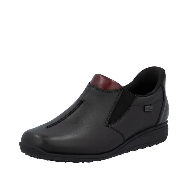 Rieker 47253-00 Ready2Go women's black leather slip-on waterproof shoe boots with cushioned lining and elastic side panels.