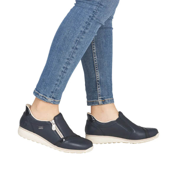 Rieker 47264-14 women's wide navy leather water-resistant zip-side shoes, comfortable casual footwear for women.