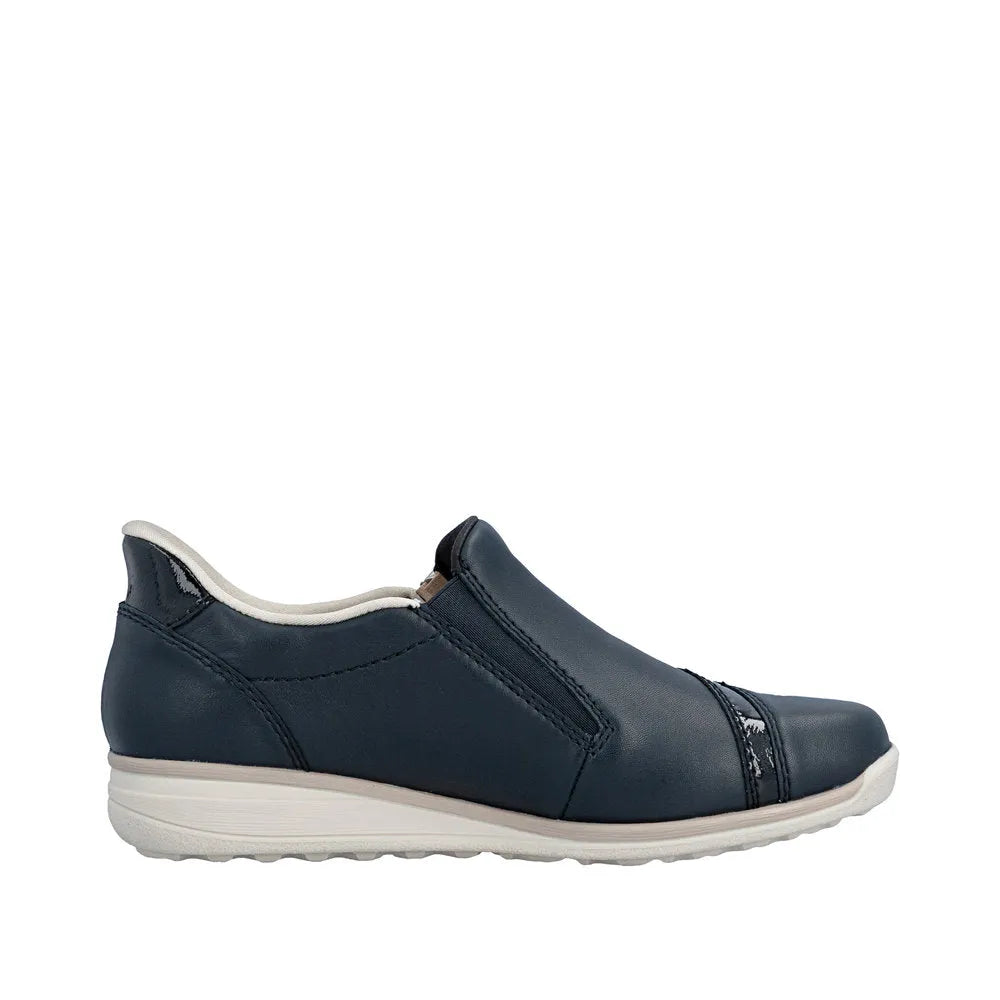 Rieker 47264-14 women's navy water-resistant leather slip-on shoes with side zipper and cushioned sole.