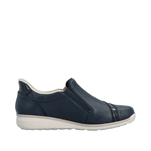 Rieker 47264-14 women's navy water-resistant leather slip-on shoes with side zipper and cushioned sole.