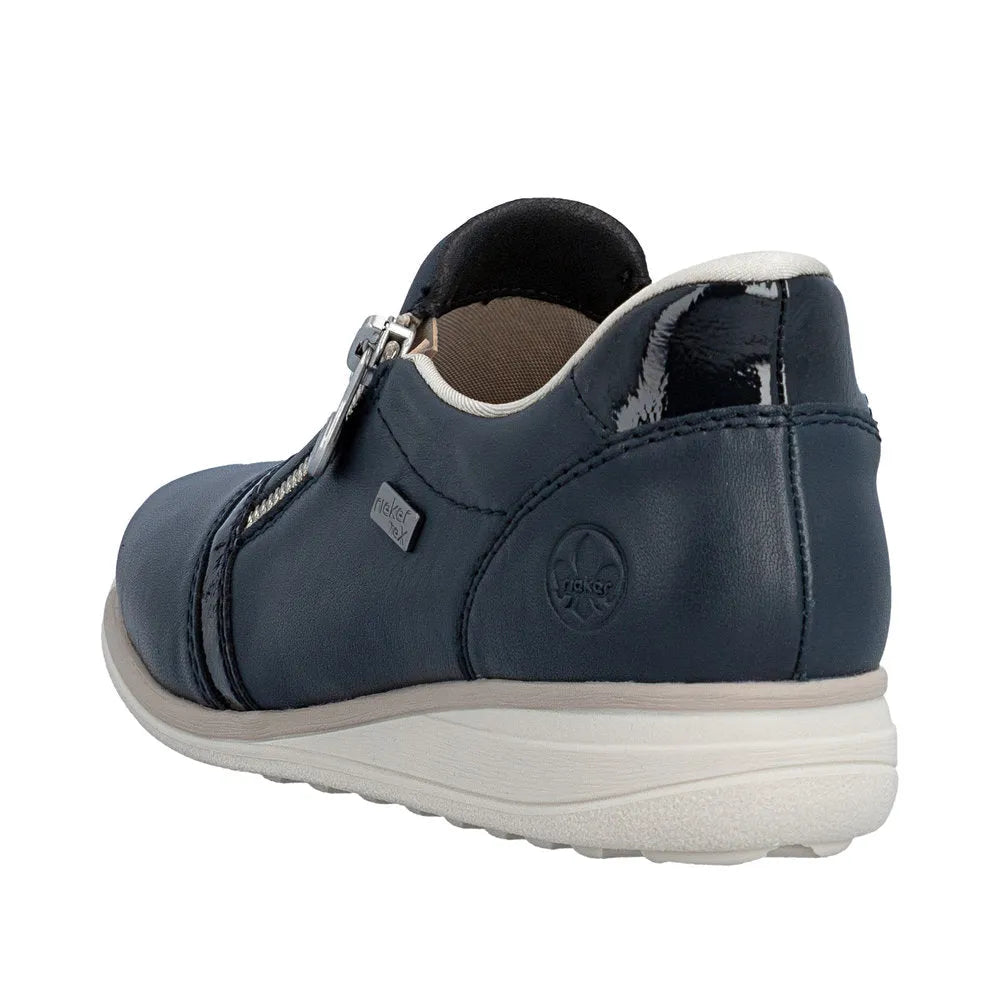 Rieker 47264-14 women's wide Pacific navy leather water-resistant shoes with side zip and cushioned sole.