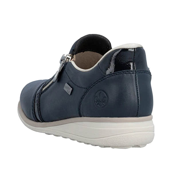 Rieker 47264-14 women's wide Pacific navy leather water-resistant shoes with side zip and cushioned sole.