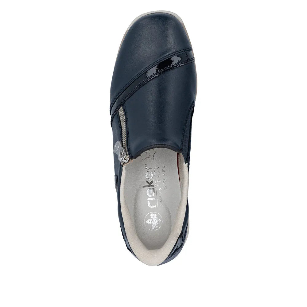 Rieker 47264-14 women's navy leather water-resistant shoes with side zipper, wide fit, and comfortable cushioned interior.