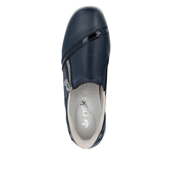 Rieker 47264-14 women's navy leather water-resistant shoes with side zipper, wide fit, and comfortable cushioned interior.
