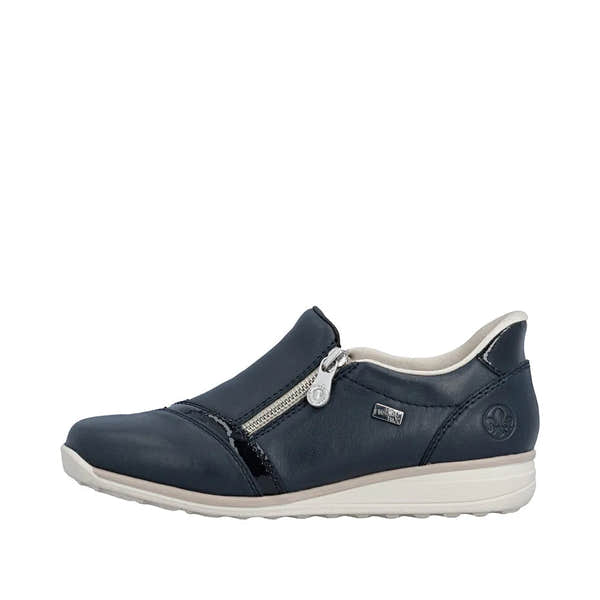 Rieker 47264-14 women's navy leather water-resistant side zip casual shoes with cushioned sole.