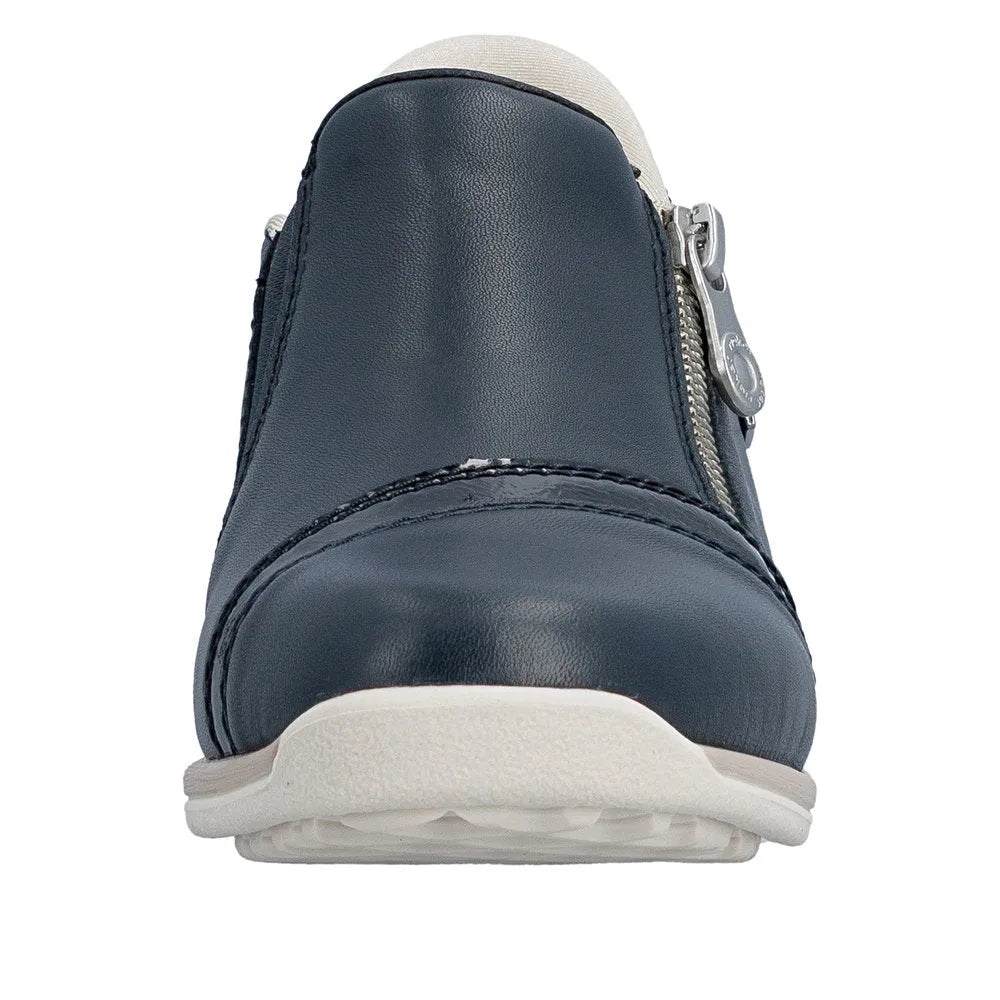 Rieker 47264-14 Ladies Water-Resistant Navy Leather Side Zip Shoes with Wide Fit and Cushioned Sole.