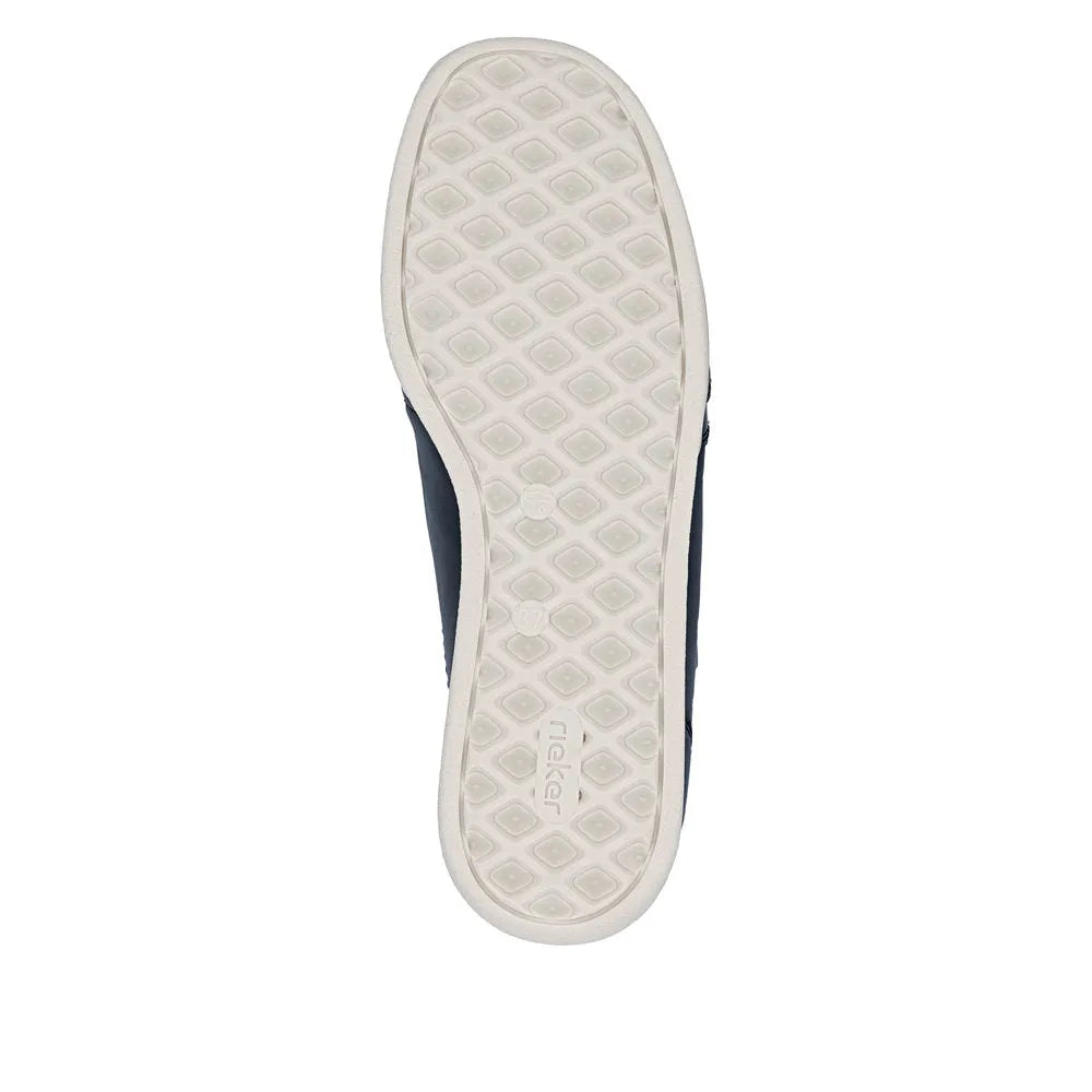 Rieker 47264-14 Ladies Wide Pacific Navy Leather Water-Resistant Side Zip Shoe with white patterned sole.