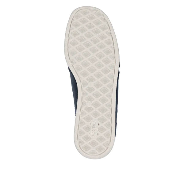 Rieker 47264-14 Ladies Wide Pacific Navy Leather Water-Resistant Side Zip Shoe with white patterned sole.