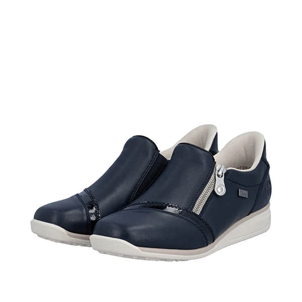 Rieker 47264-14 women's navy leather water-resistant slip-on shoes with side zipper, cushioned interior, and white sole.
