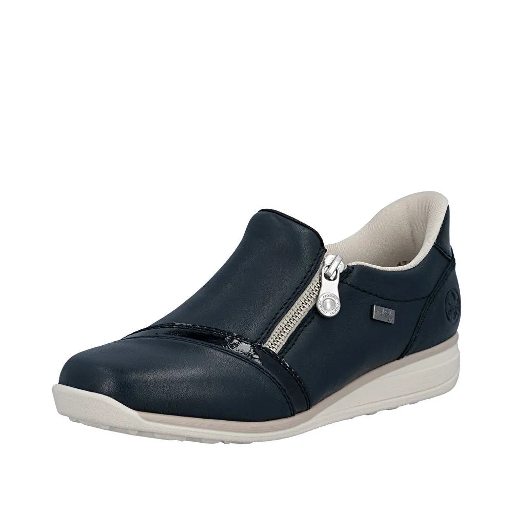 Rieker 47264-14 women's wide Pacific Navy water-resistant leather shoe with side zipper and cushioned sole.