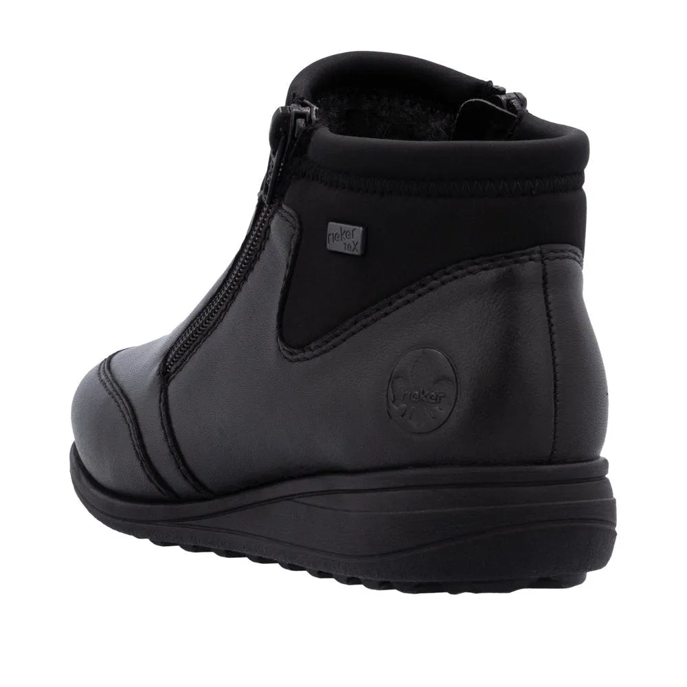 Rieker 47270-00 women's black leather water-resistant twin zip ankle boots with cushioned collar and sturdy sole.