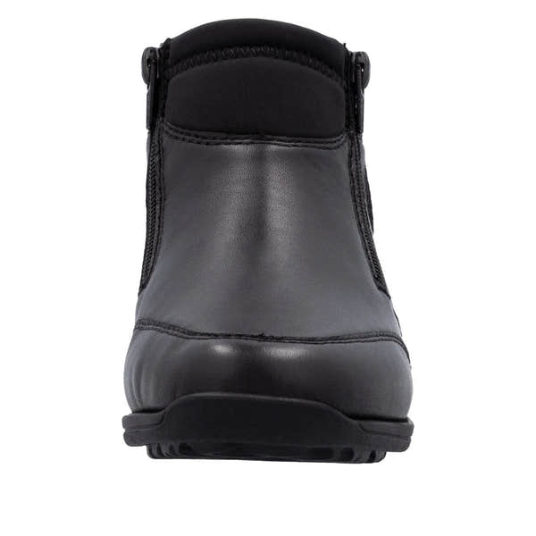 Rieker 47270-00 women's black leather water-resistant ankle boots with twin zippers and rugged sole.