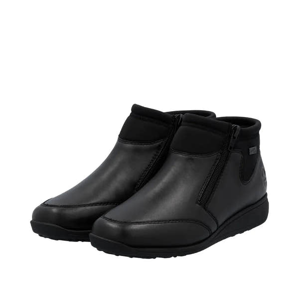 Rieker 47270-00 women's black leather water-resistant ankle boots with twin zippers and cushioned collar.