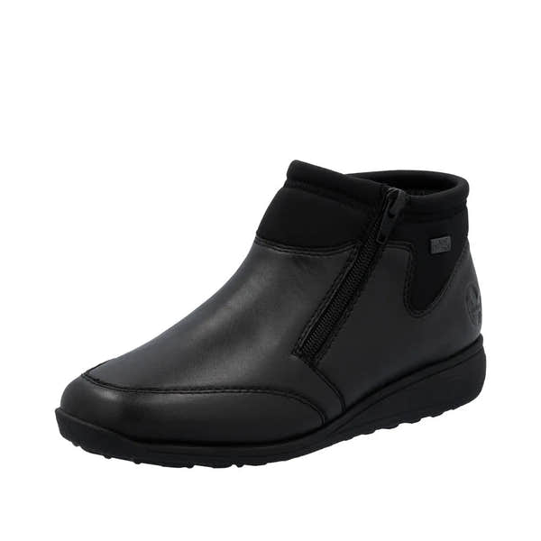 Rieker 47270-00 women's black leather ankle boots with water resistance, twin zipper, and slip-on design.
