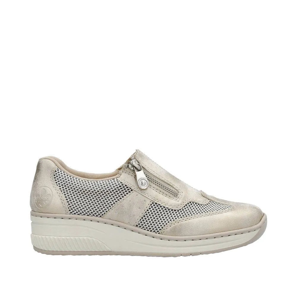 Taupe metallic ladies' shoes with side zip, featuring mesh details and a cushioned wedge sole for comfort.