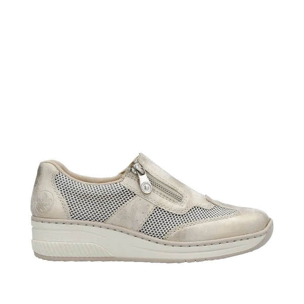 Taupe metallic ladies' shoes with side zip, featuring mesh details and a cushioned wedge sole for comfort.