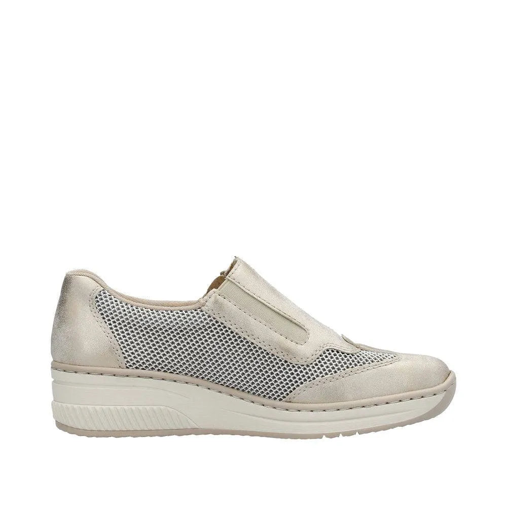 Taupe metallic slip-on shoes with mesh side panels and a cushioned wedge sole for comfort and style.