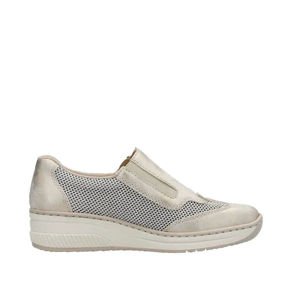 Taupe metallic slip-on shoes with mesh side panels and a cushioned wedge sole for comfort and style.