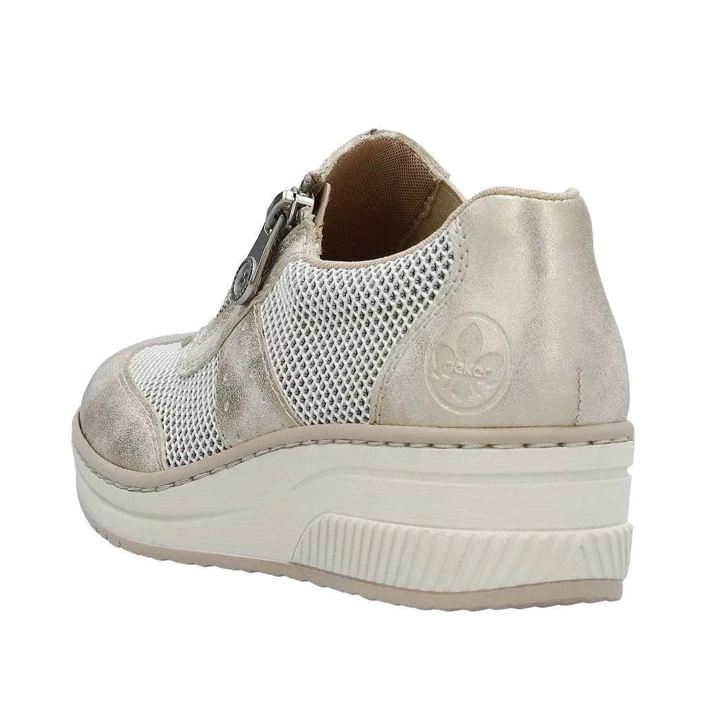 Taupe metallic slip-on shoes with side zip, textured mesh sides, and a chunky white sole for comfort and style.