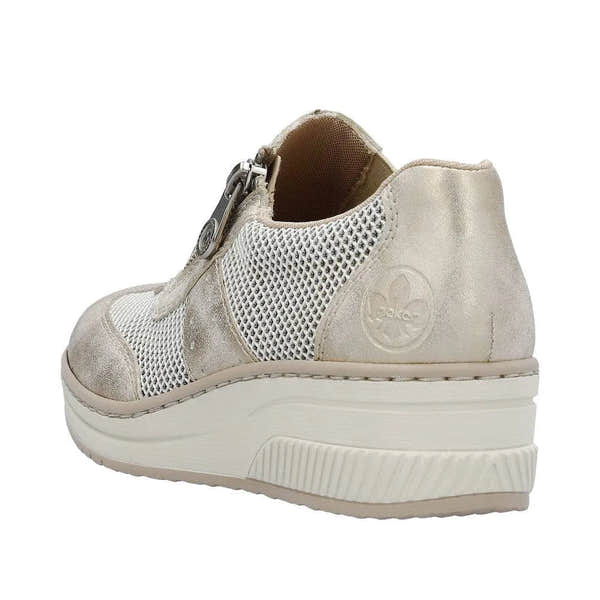 Taupe metallic slip-on shoes with side zip, textured mesh sides, and a chunky white sole for comfort and style.
