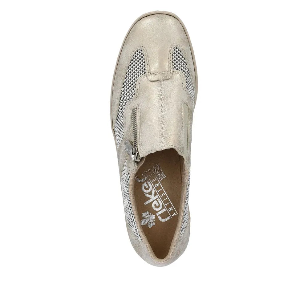 Taupe metallic slip-on shoes with a side zip, mesh detailing, and a cozy insole for style and comfort.