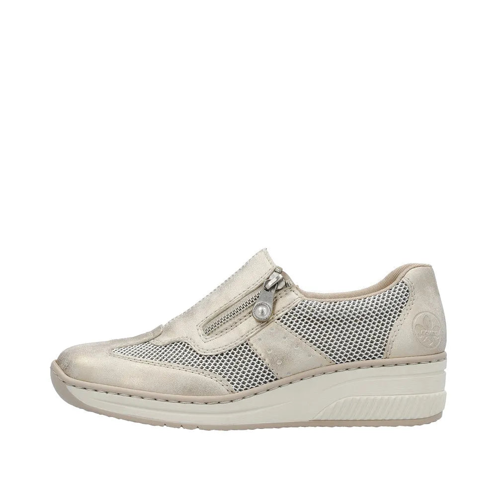 Taupe metallic side zip shoes with mesh detailing and a cushioned wedge sole for comfort and style.
