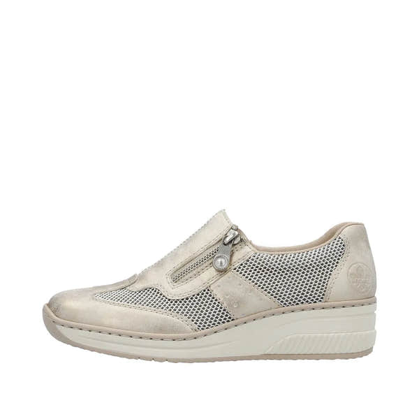 Taupe metallic side zip shoes with mesh detailing and a cushioned wedge sole for comfort and style.